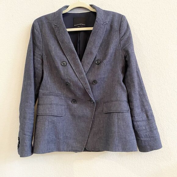 Banana Republic Sz 6 Peak Lapel Double Breasted Linen Blend Blazer Navy Blue - Picture 9 of 12